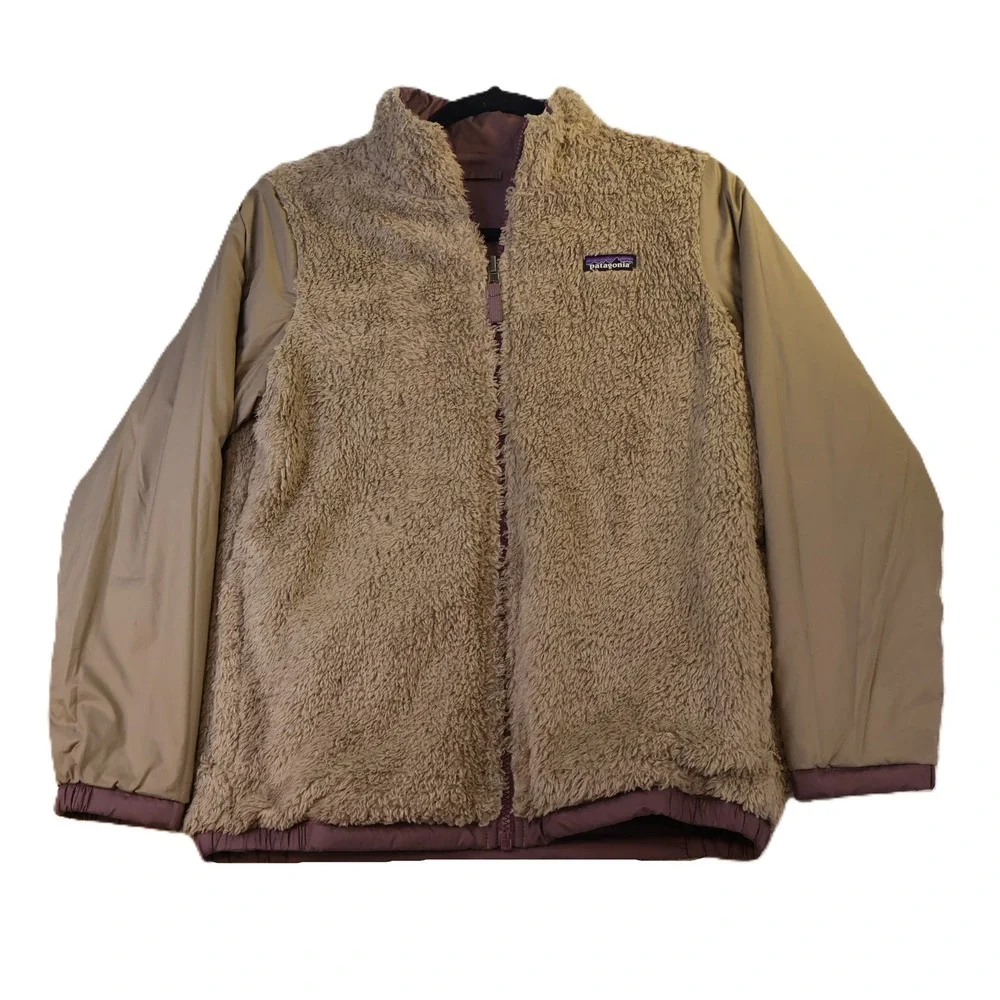 Patagonia Kids XL 14 Reversible Fleece Jacket Purple Tan Full Zip Outdoor Coat